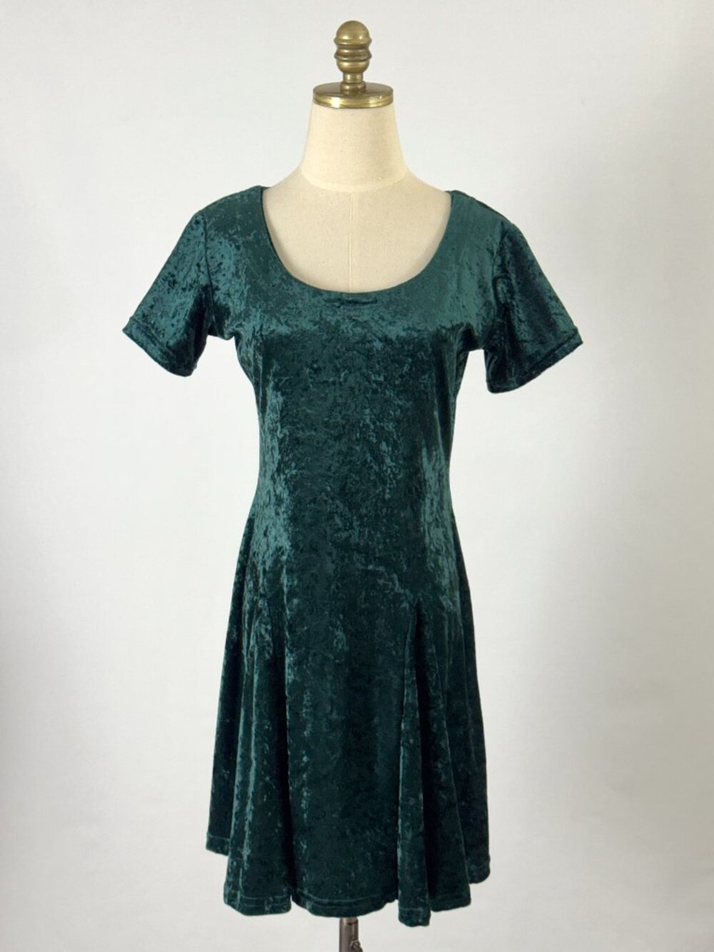 Vtg 90s In Charge Forest Green Crushed Velvet Skater Dress Scoop Neck Grunge